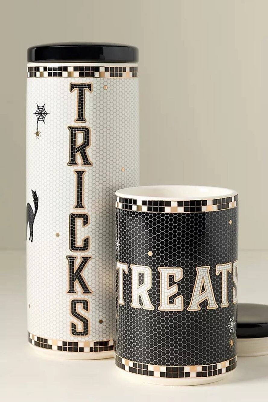 Anthropologie Bistro Tile Stoneware 24k Gold Accent Halloween Canister Set Of 2